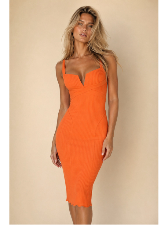 Fashion Nova Dresses & Skirts - Fashion Nova Orange Ribbed Bodycon Midi Dress Y2K Vaca Party Glam Date Night
